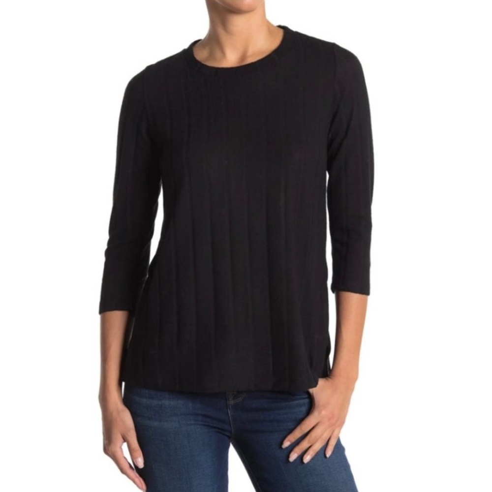 Bobeau Wide Rib Three Quarter Sleeve Black Lightweight Sweater